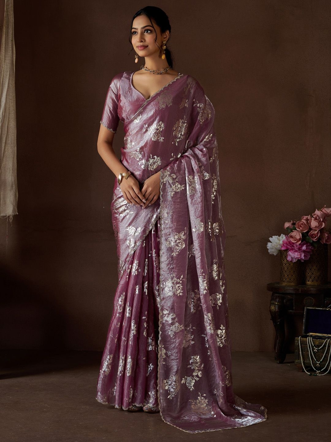 

Saree mall Floral Printed Beads and Stones Pure Silk Saree, Mauve