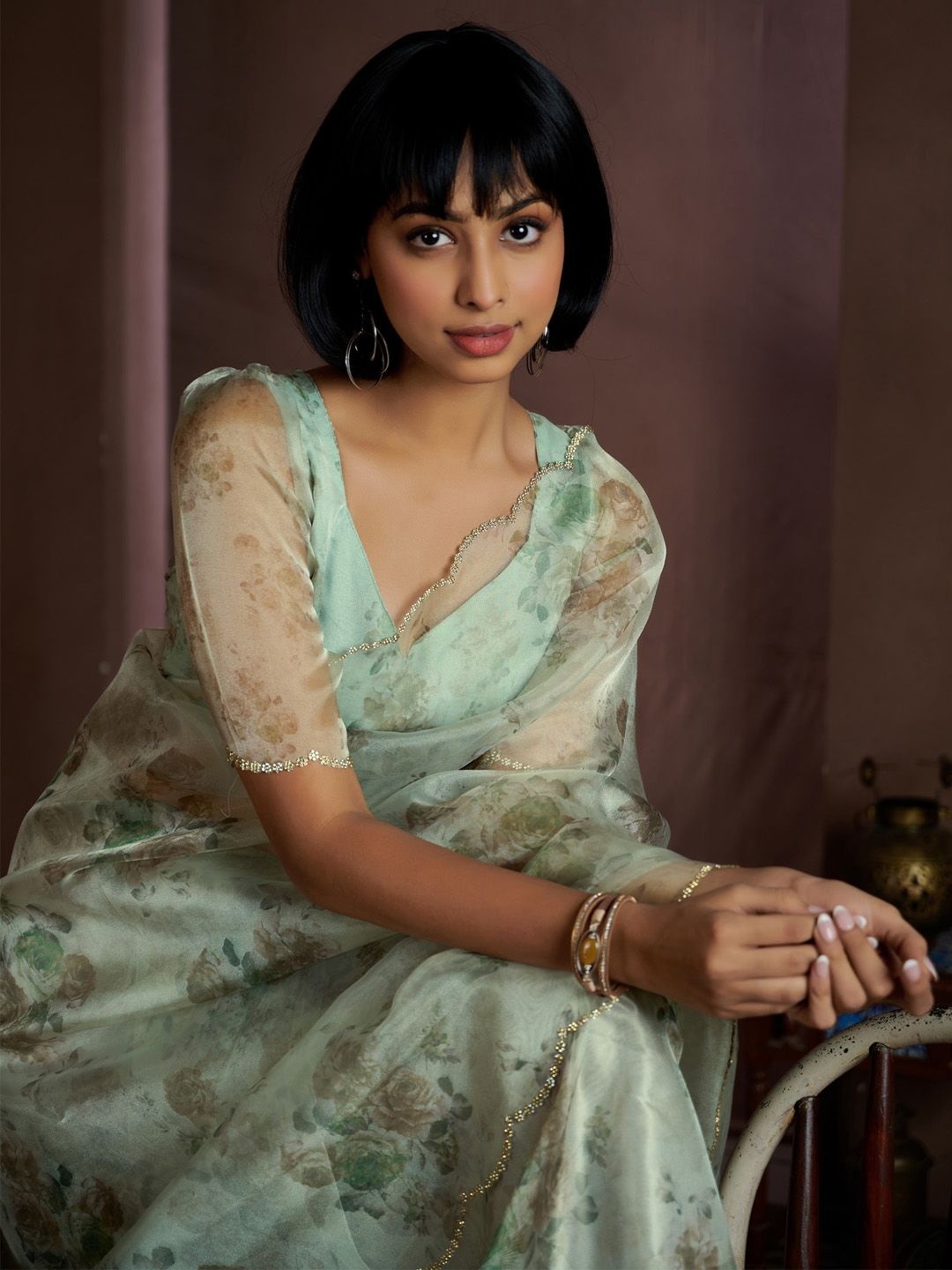 

Saree mall Floral Printed Beads and Stones Sarees, Green