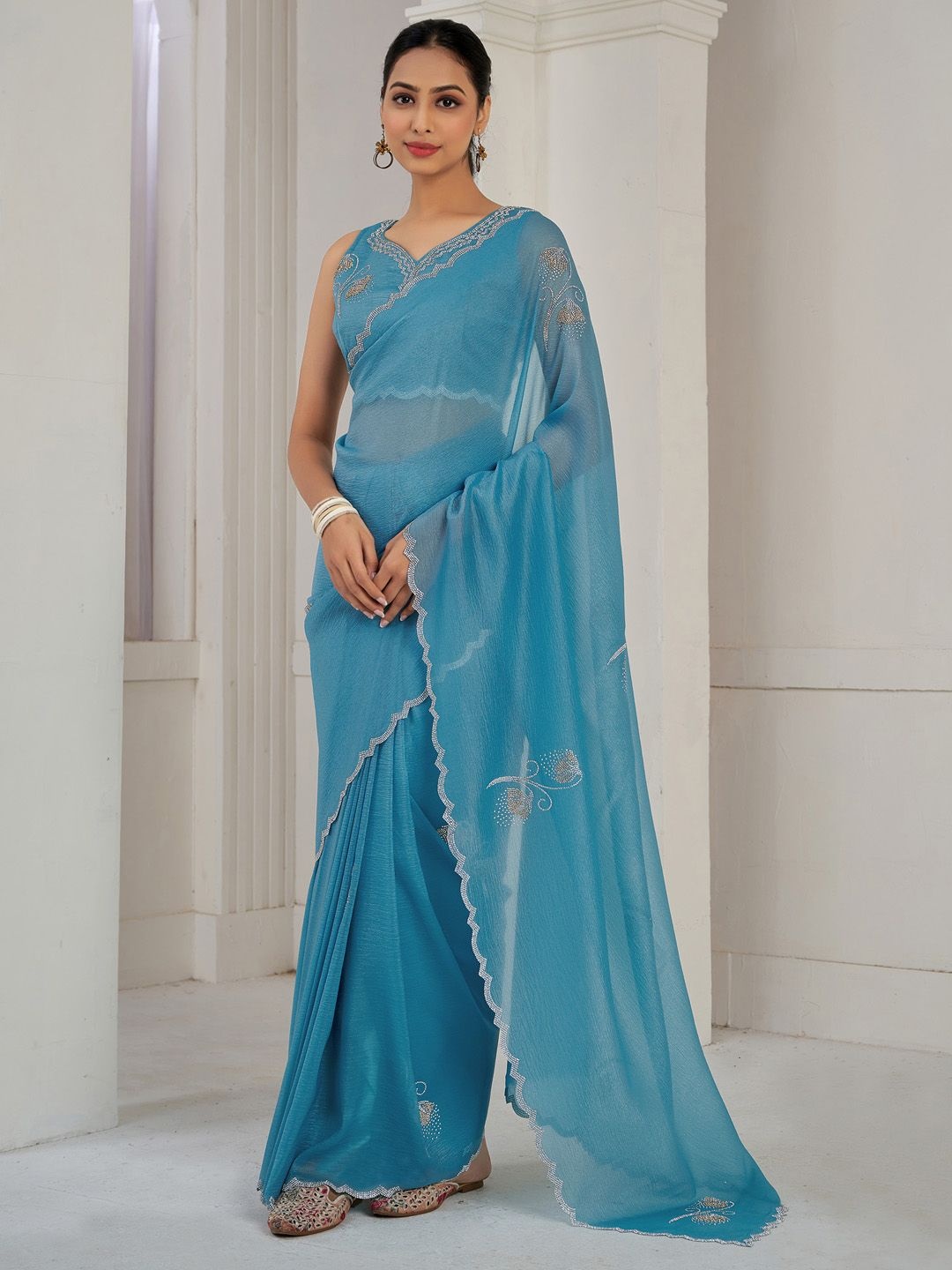 

Saree mall Embellished Beads and Stones Pure Silk Sarees, Blue