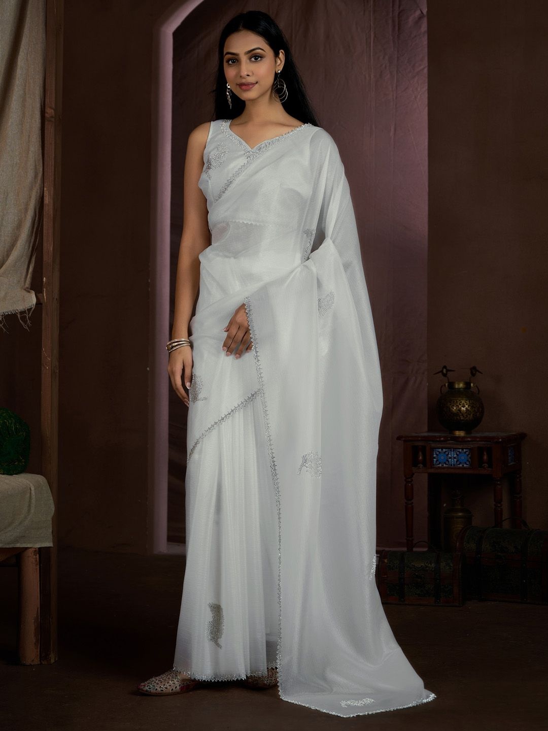 

Saree mall Embellished Beads and Stones Pure Silk Heavy Work Sarees, White