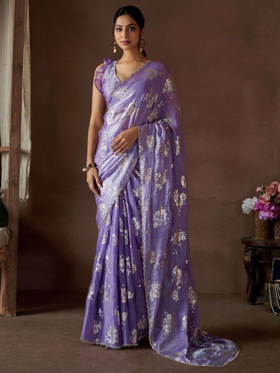 

Saree mall Embellished Beads and Stones Pure Silk Sarees, Lavender