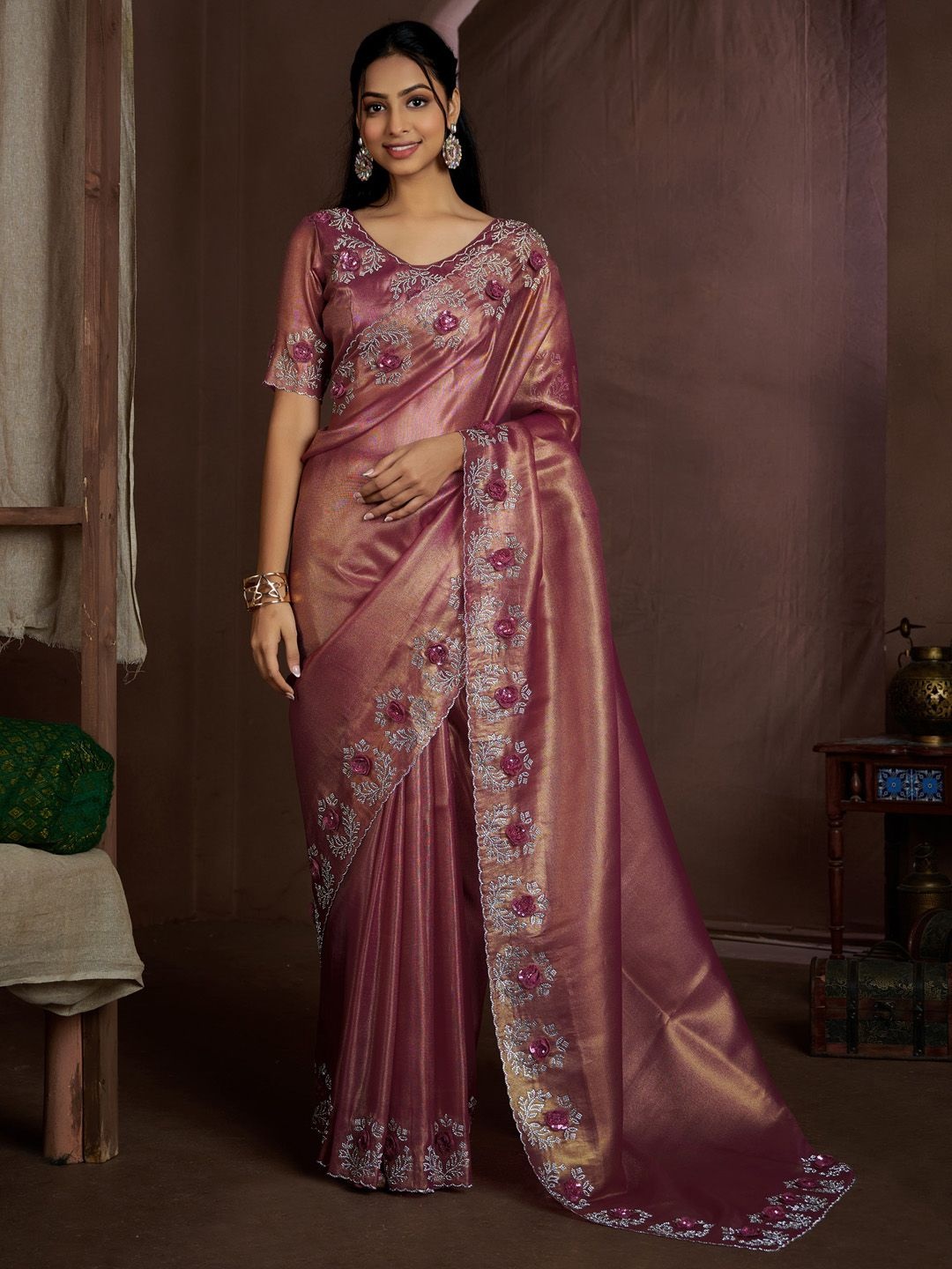 

Saree mall Embellished Beads and Stones Organza Saree, Pink