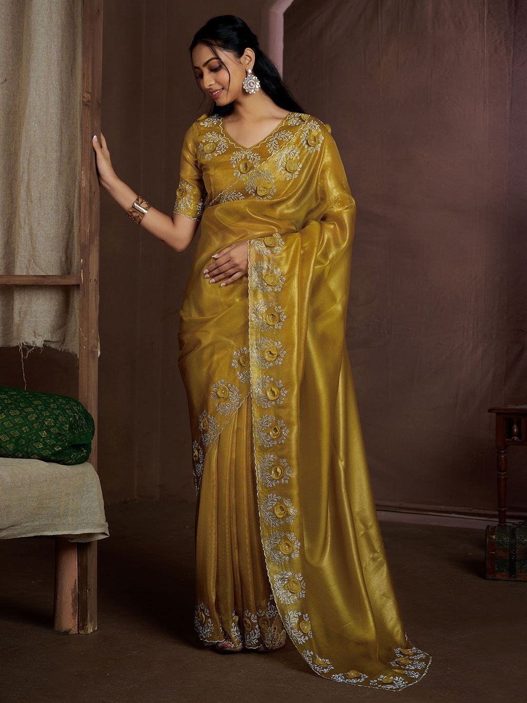 

Saree mall Embellished Beads and Stones Organza Sarees, Mustard