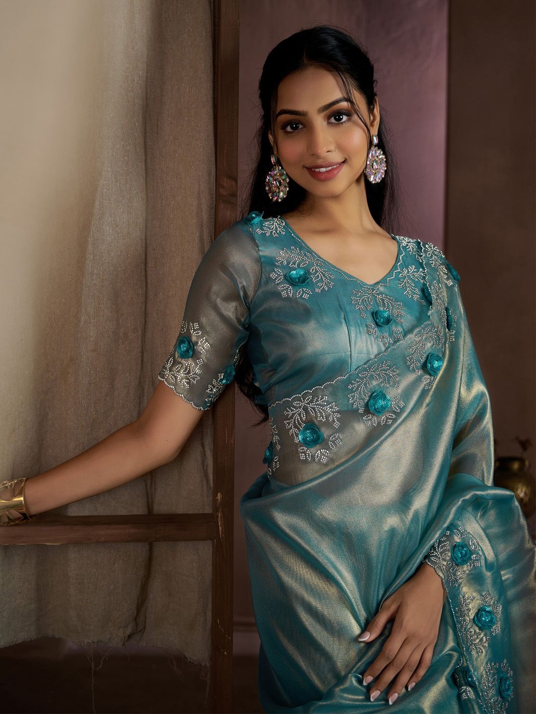 

Saree mall Beads and Stones Organza Sarees, Teal