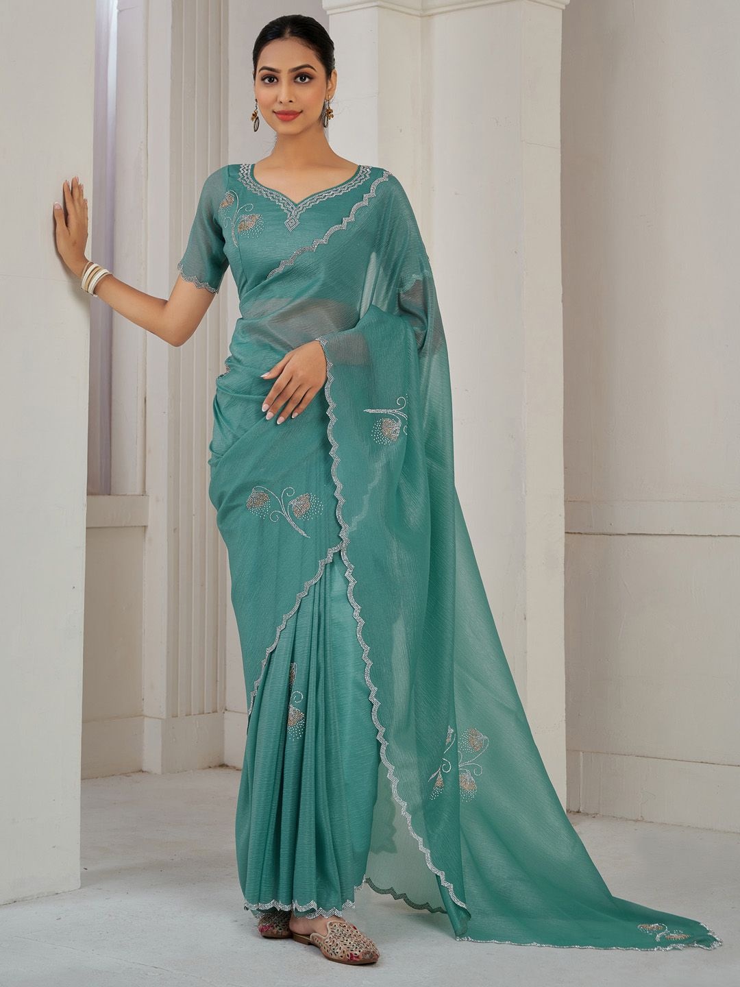 

Saree mall Embellished Beads and Stones Pure Silk Saree, Turquoise blue