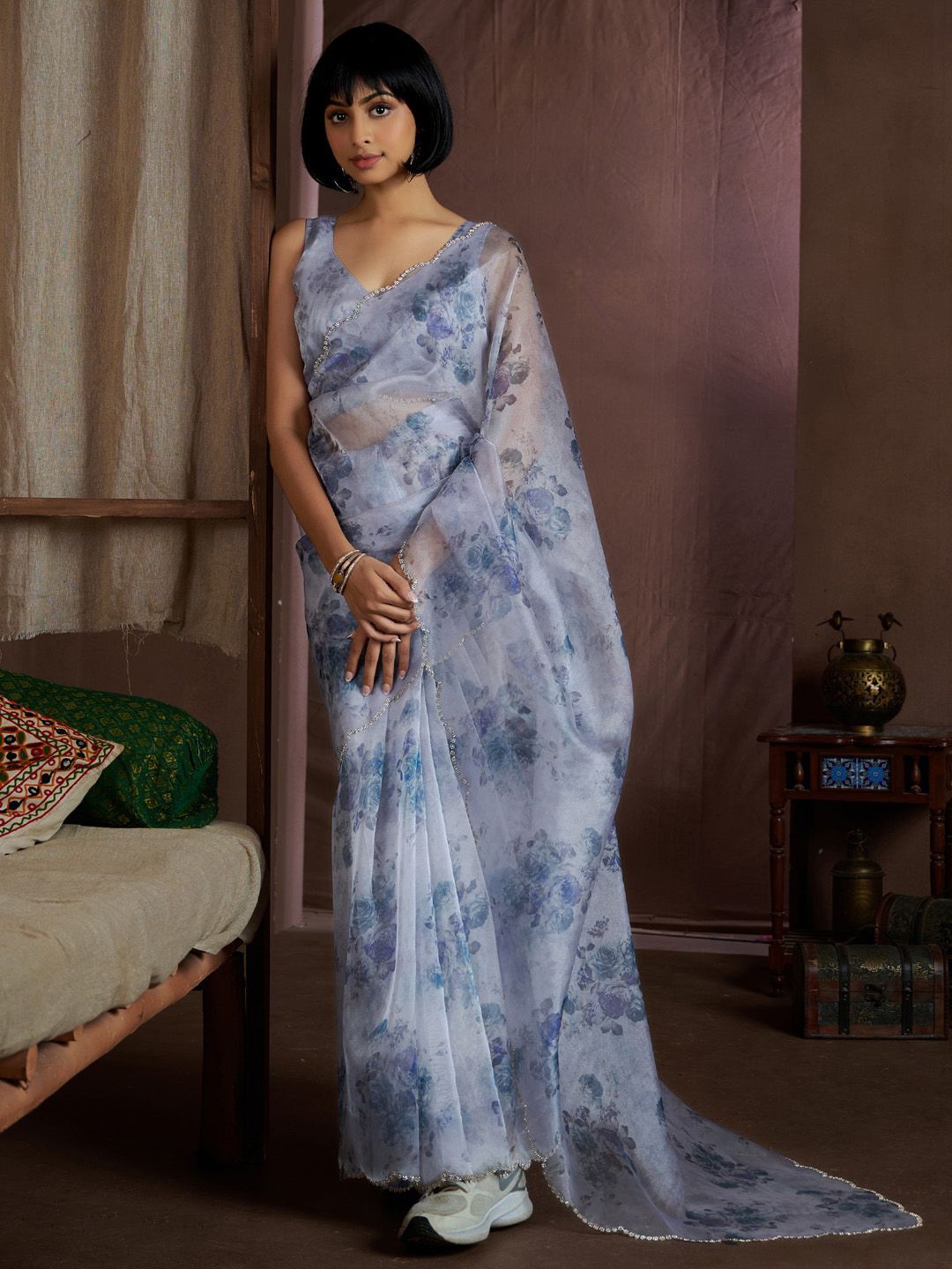 

Saree mall Floral Printed Beads and Stones Organza Designer Saree, Blue