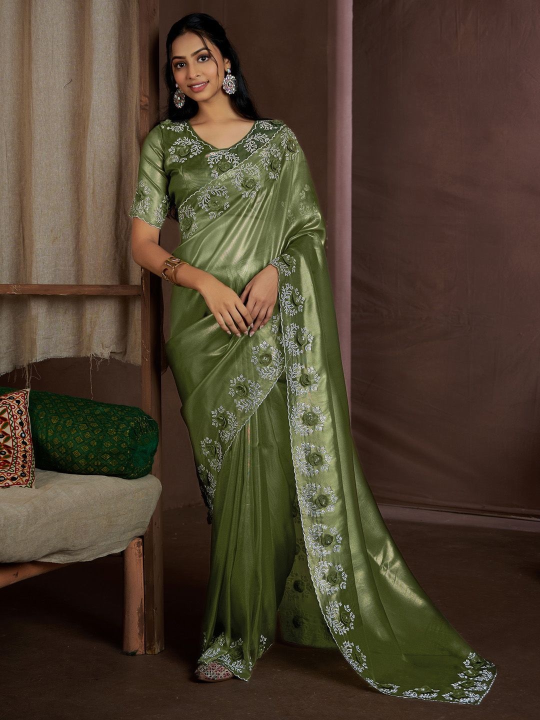 

Saree mall Embellished Beads and Stones Organza Sarees, Olive