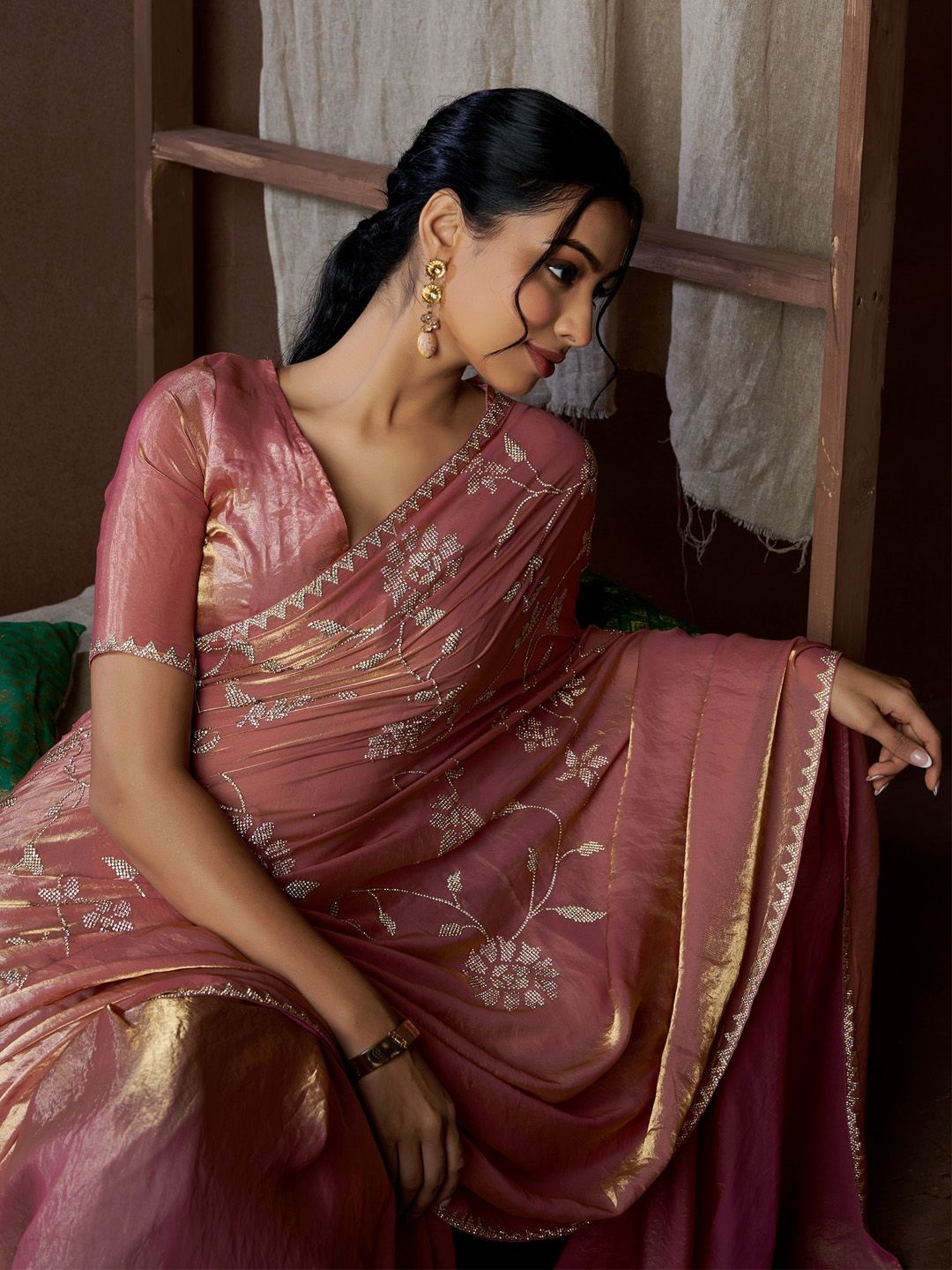

Saree mall Floral Embellished Beads and Stones Pure Silk Sarees, Pink