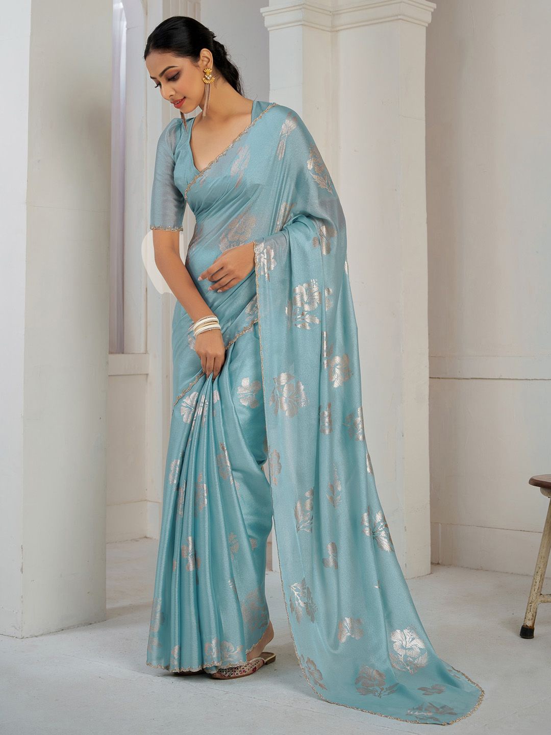 

Saree mall Floral Beads and Stones Pure Silk Heavy Work Sarees, Blue