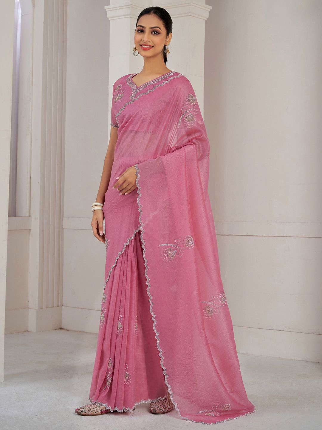 

Saree mall Embellished Beads and Stones Pure Silk Sarees, Pink