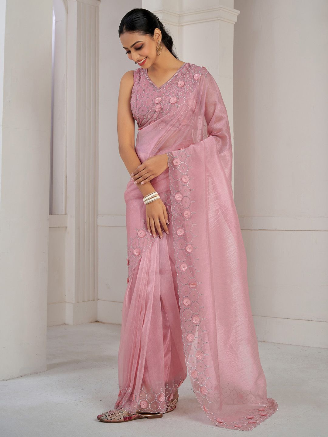 

Saree mall Embellished Beads and Stones Organza Sarees, Pink