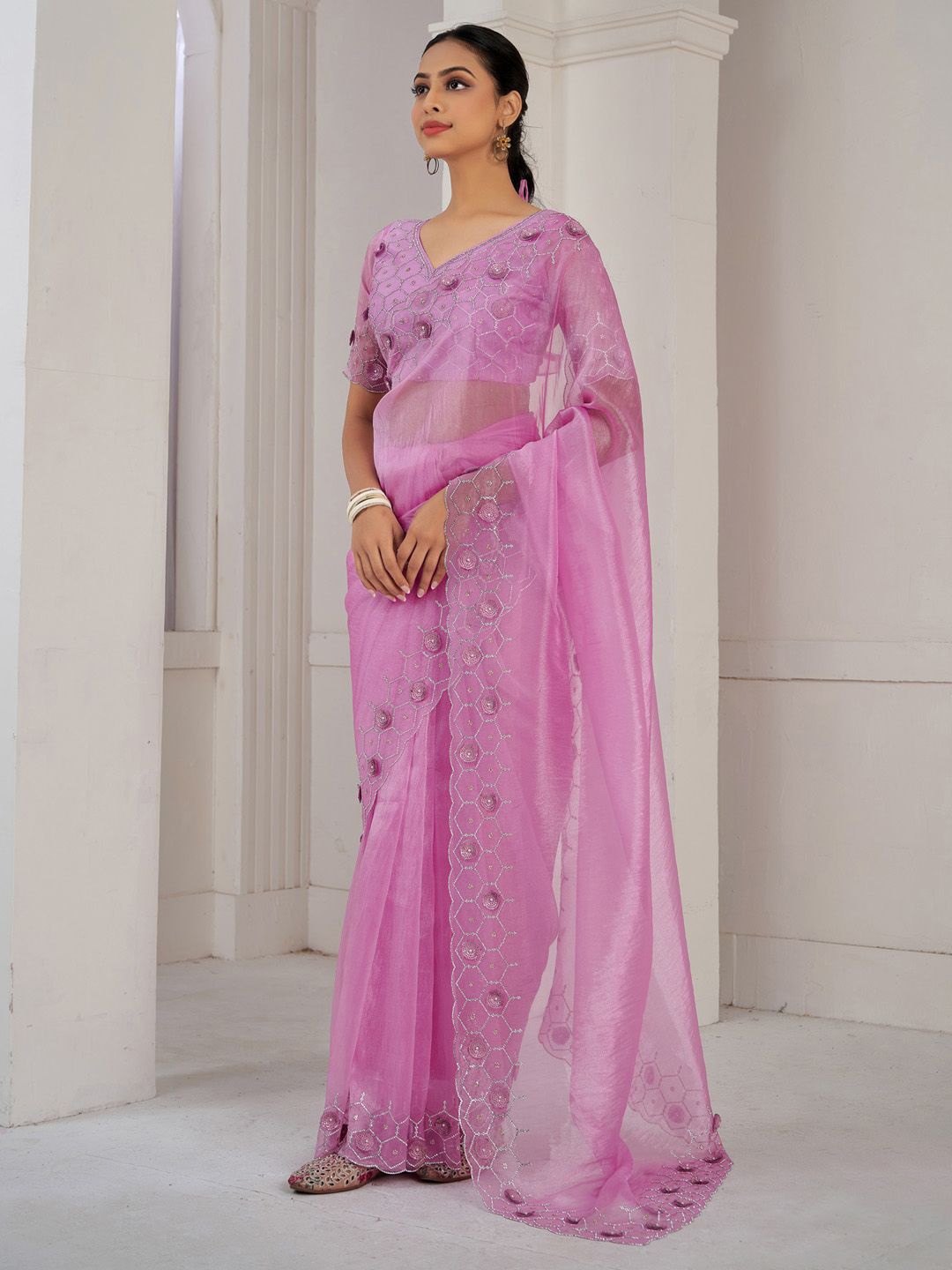 

Saree mall Beads and Stones Organza Saree, Pink