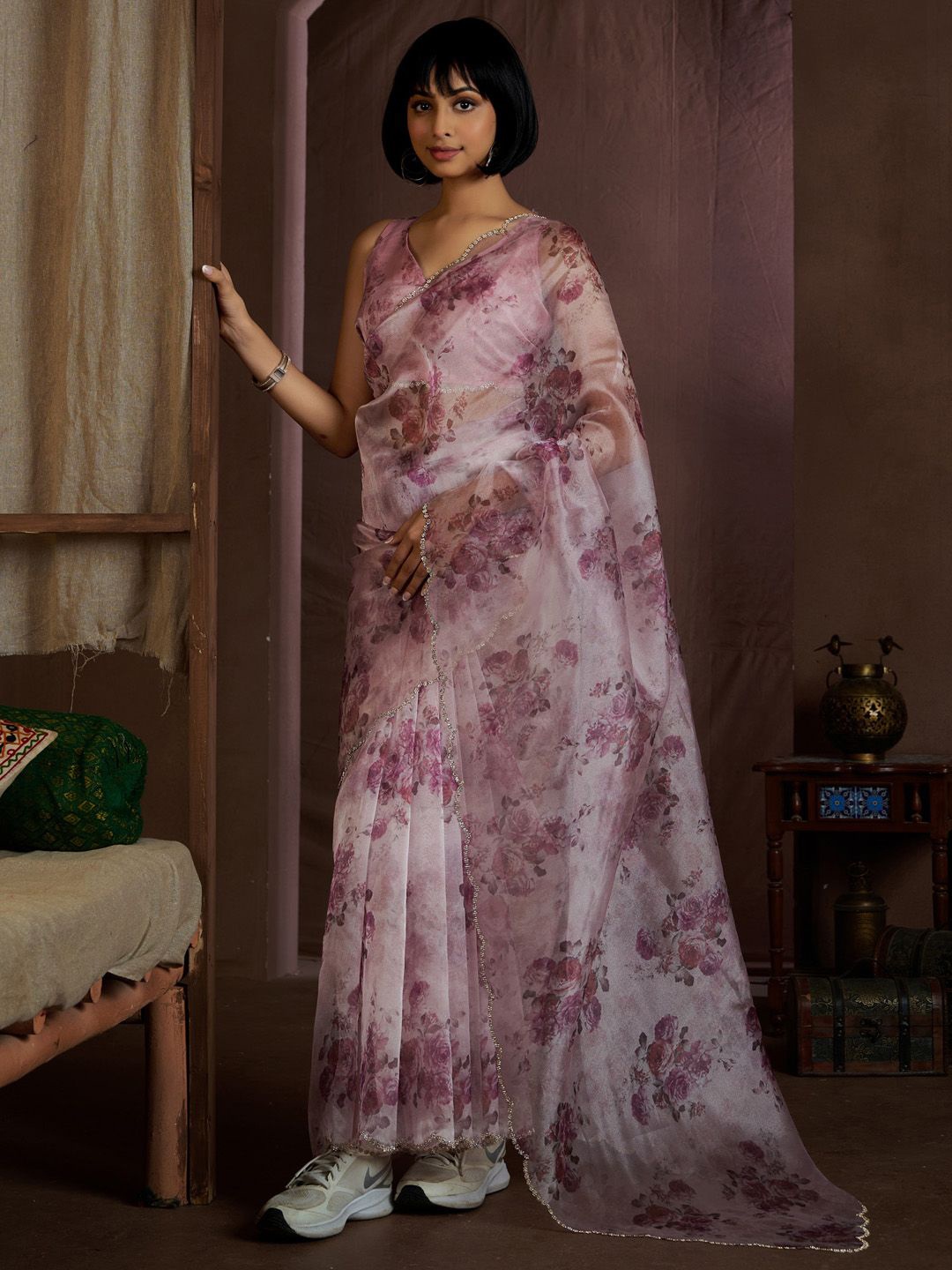 

Saree mall Floral Printed Beads and Stones Organza Designer Saree, Mauve