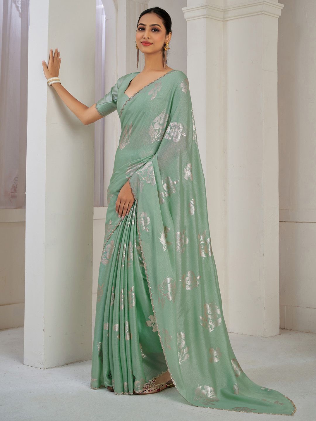 

Saree mall Floral Beads and Stones Pure Silk Sarees, Sea green