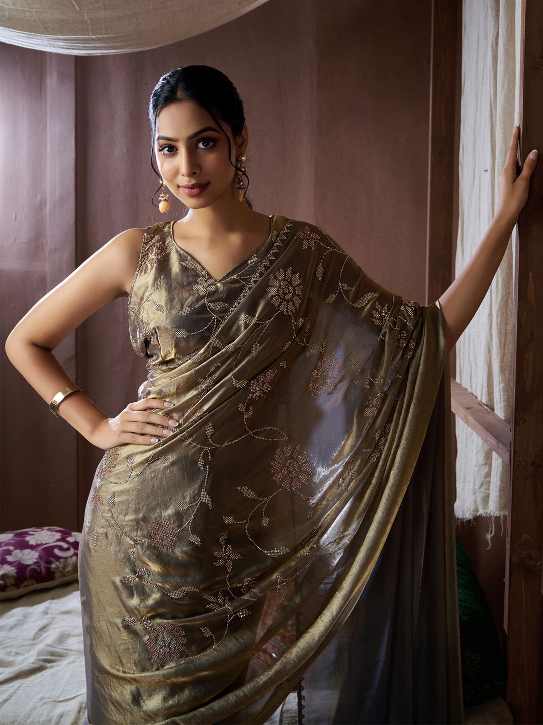 

Saree mall Embellished Beads and Stones Pure Silk Heavy Work Sarees, Olive