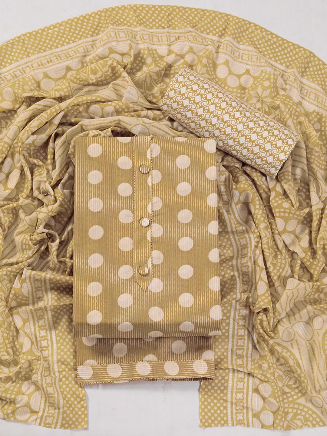 

Panzora Polka Dots Printed Gotta Patti Unstitched Dress Material, Cream