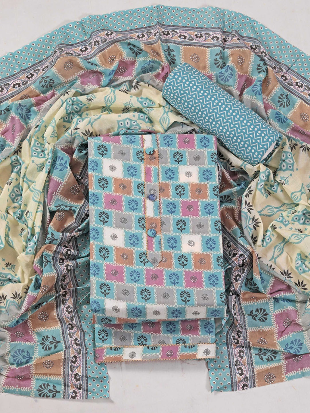 

Panzora Ethnic Motifs Printed Gotta Patti Unstitched Dress Material, Blue