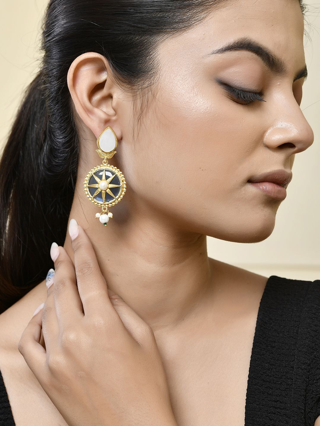 

Silvermerc Designs Gold Plated Pearls Circular Drop Earrings