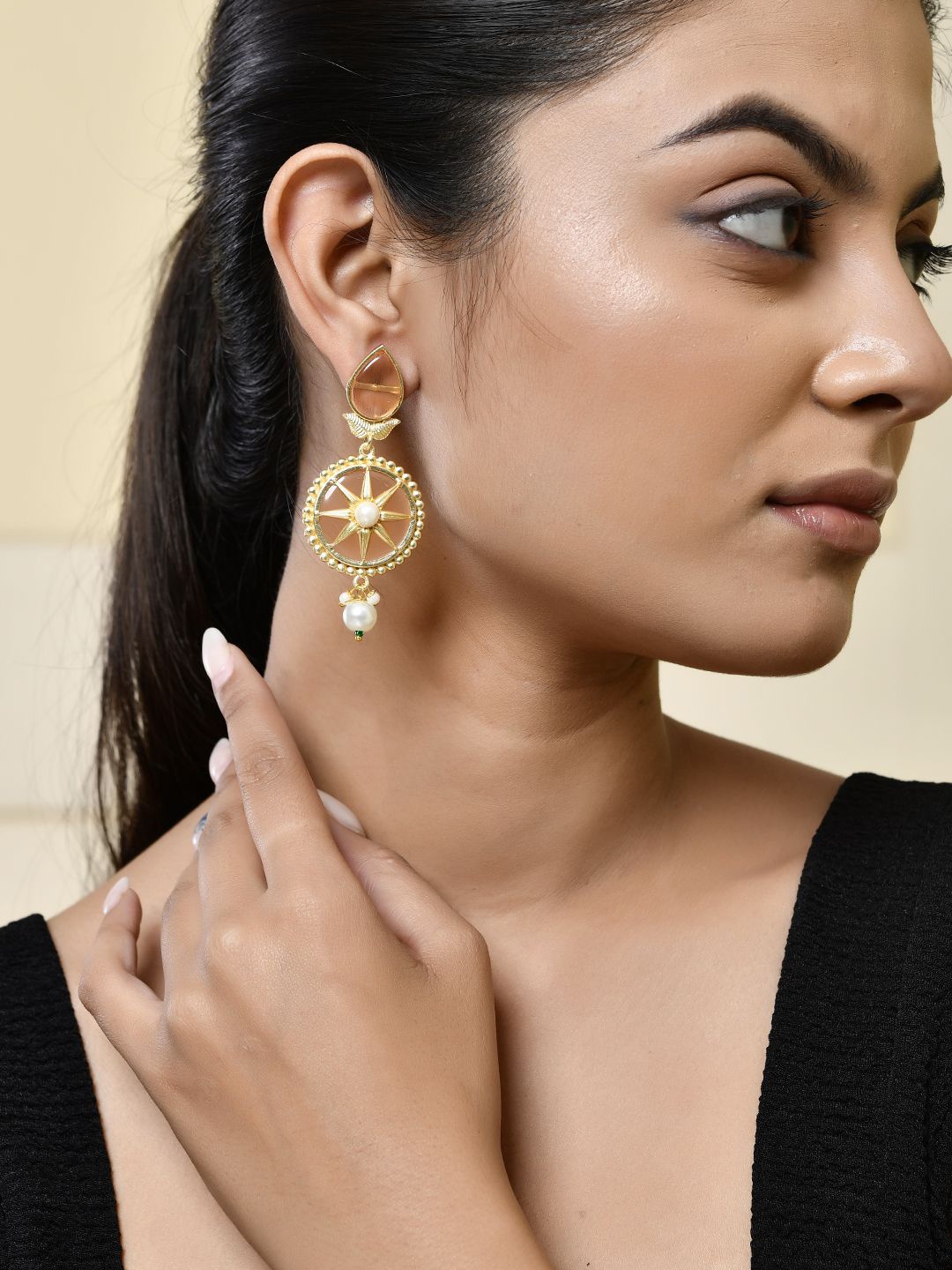 

Silvermerc Designs Gold-Plated Pearls Circular Drop Earrings