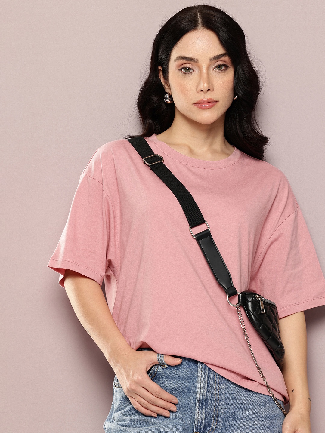 

Kook N Keech Drop-Shoulder Sleeves Pure Cotton Oversized T-shirt, Pink