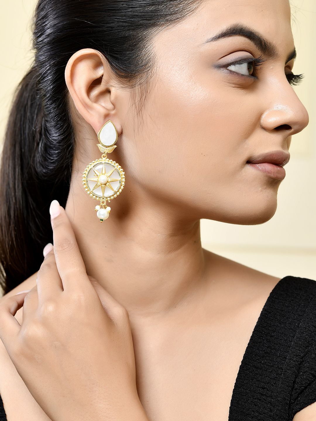 

Silvermerc Designs Gold-Plated Pearl and Mother of Pearl Circular Drop Earrings