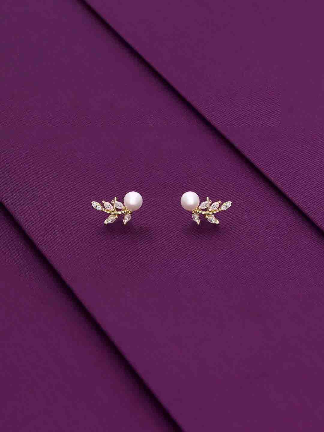 

KAI JEWEL 92.5 Sterling Silver Gold-Plated CZ & Pearls Contemporary Studs Earrings