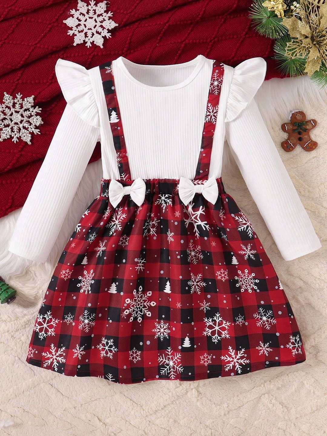 

OMPAX Girls Checked Fit and Flare Dress With Bows and Ruffles Details, White