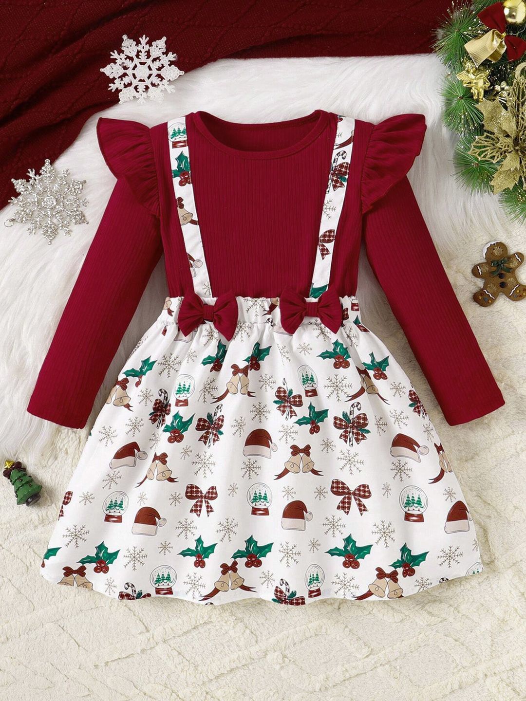 

OMPAX Girls Christmas Printed Fit and Flare Dress, Maroon