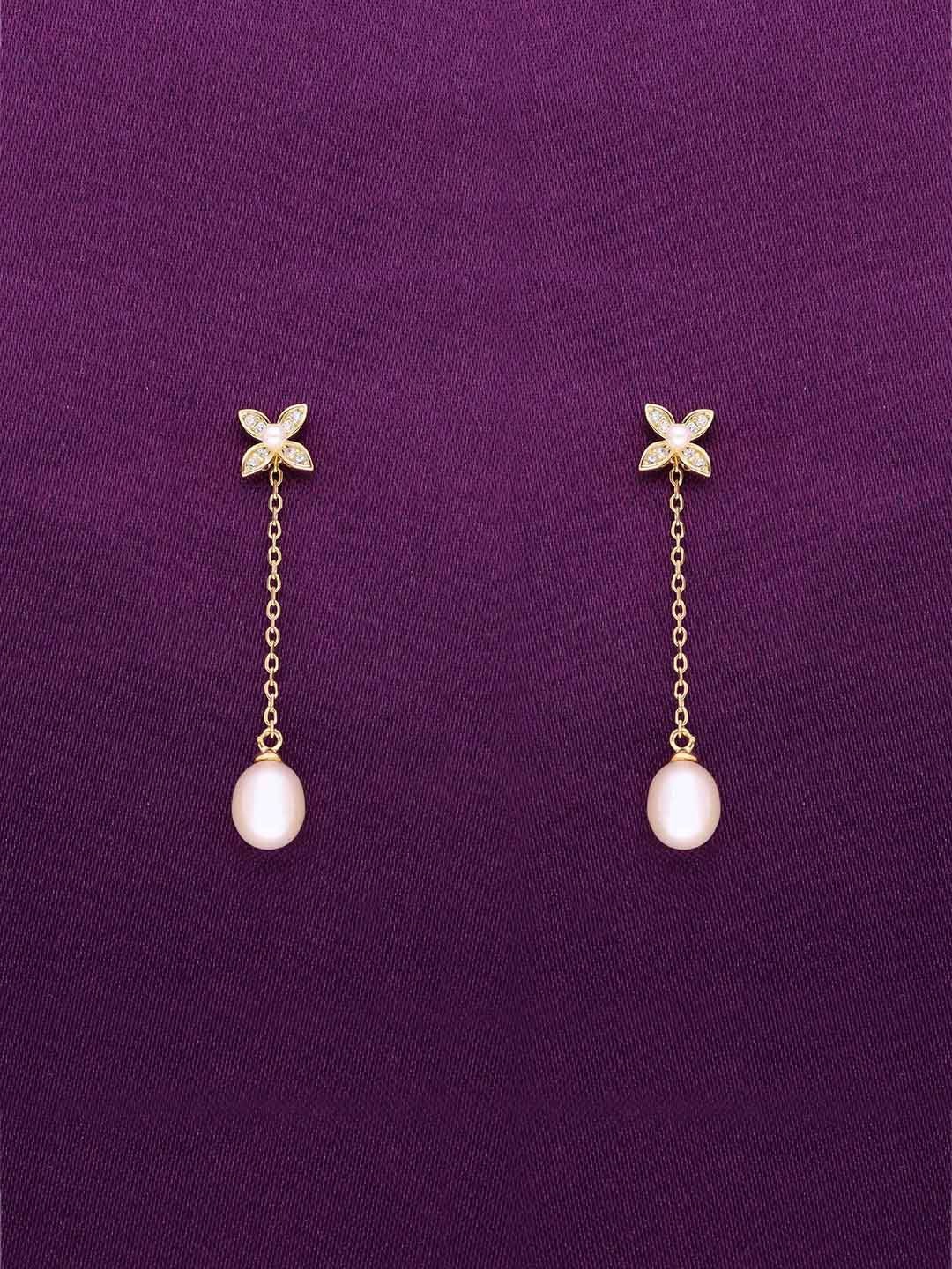 

KAI JEWEL 92.5 Sterling Silver Gold-Plated CZ Studded & Pearls Contemporary Drop Earrings