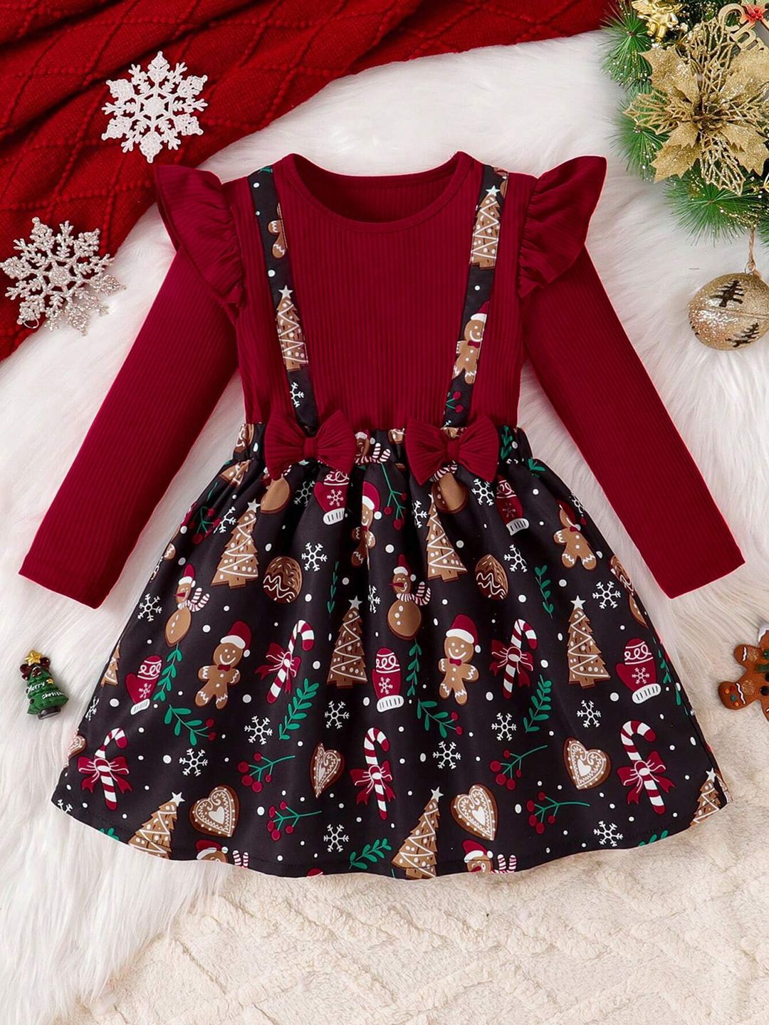

OMPAX Girls Conversational Printed Cotton A-Line Dress, Maroon