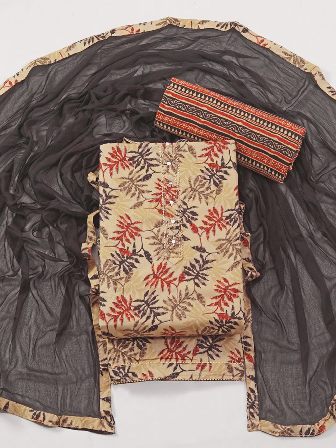 

Panzora Floral Printed Mirror & Foil Embellished Unstitched Dress Material, Beige