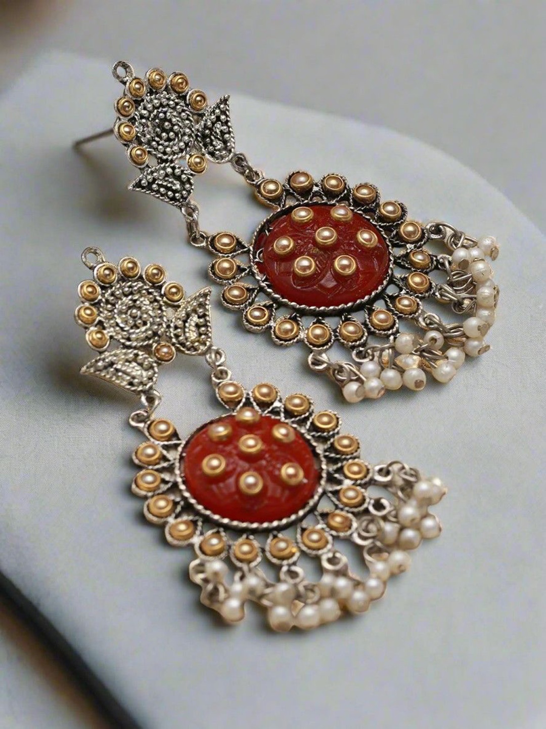 

Jazz and Sizzle Silver Plated Kudan Studded Classic Chandbalis, Red