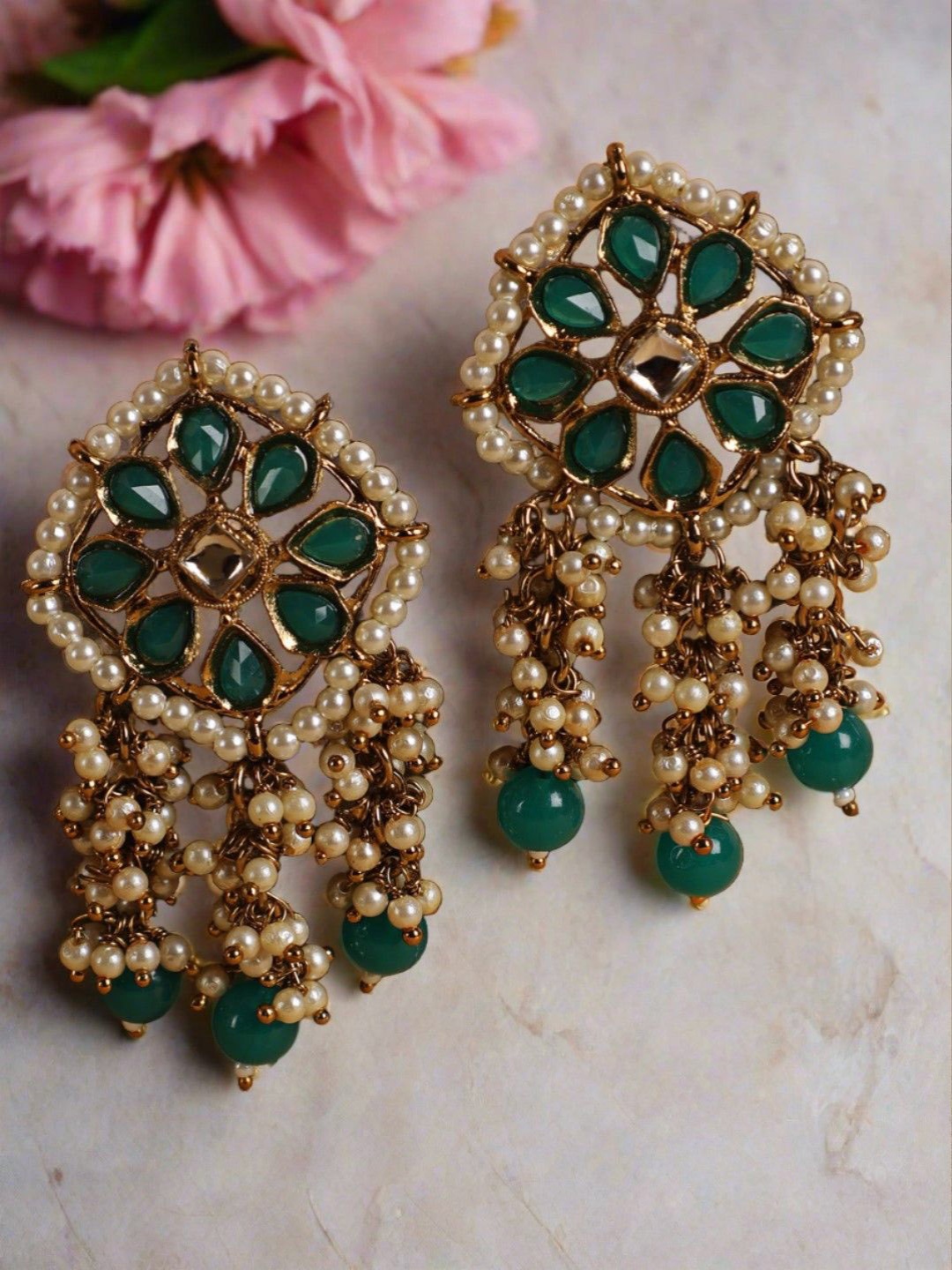 

Jazz and Sizzle Gold Plated Artificial Stones and Beads Geometric Drop Earrings, Green