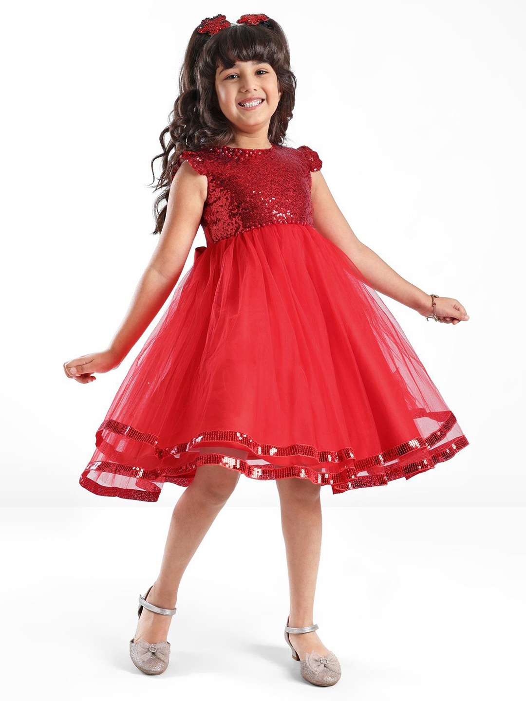 

Mark & Mia Girls Embellished Flutter Sleeves Fit and Flare Dress, Red