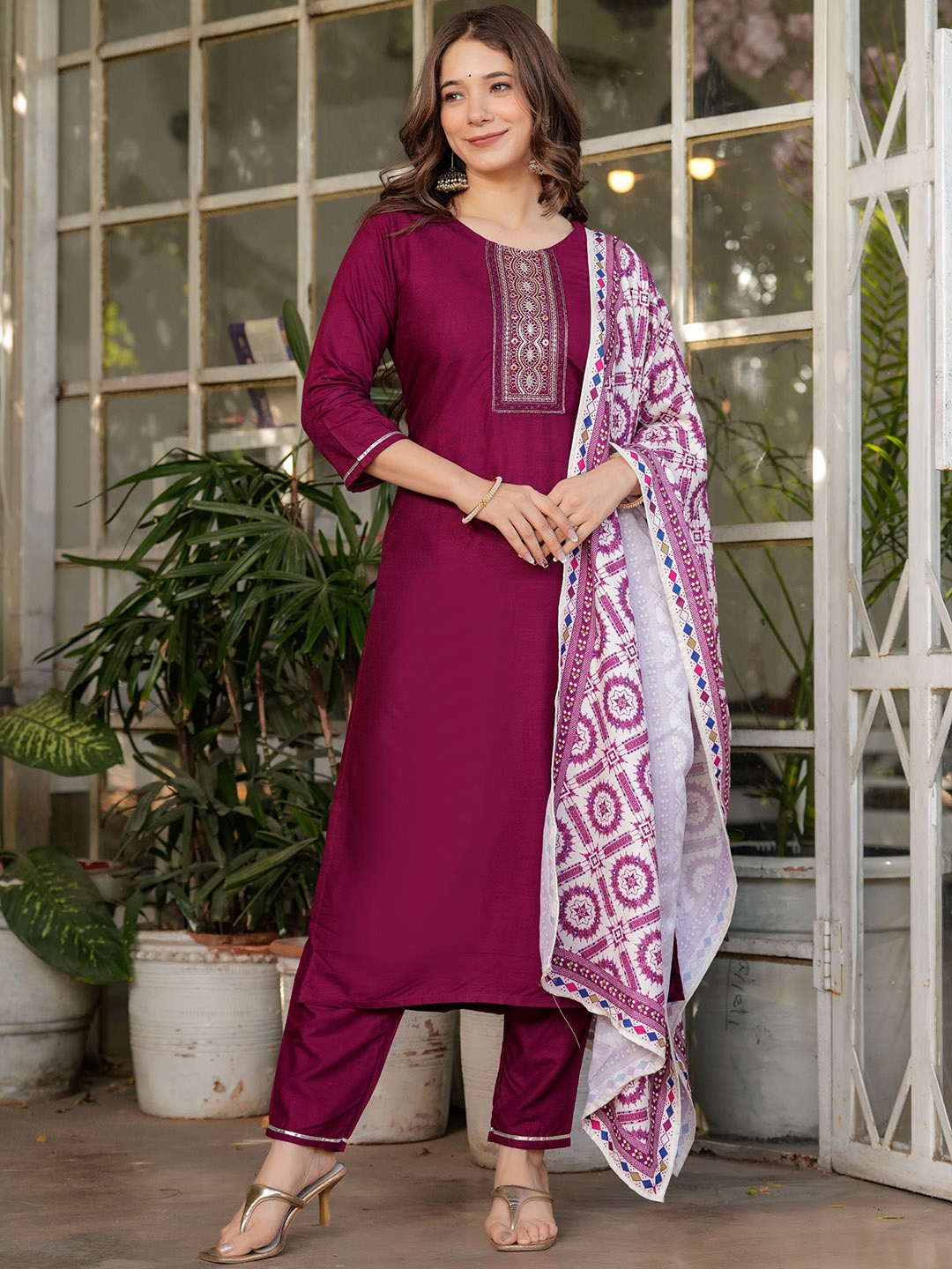 

KALINI Floral Yoke Design Thread Work Kurta with Trouser & Dupatta, Maroon