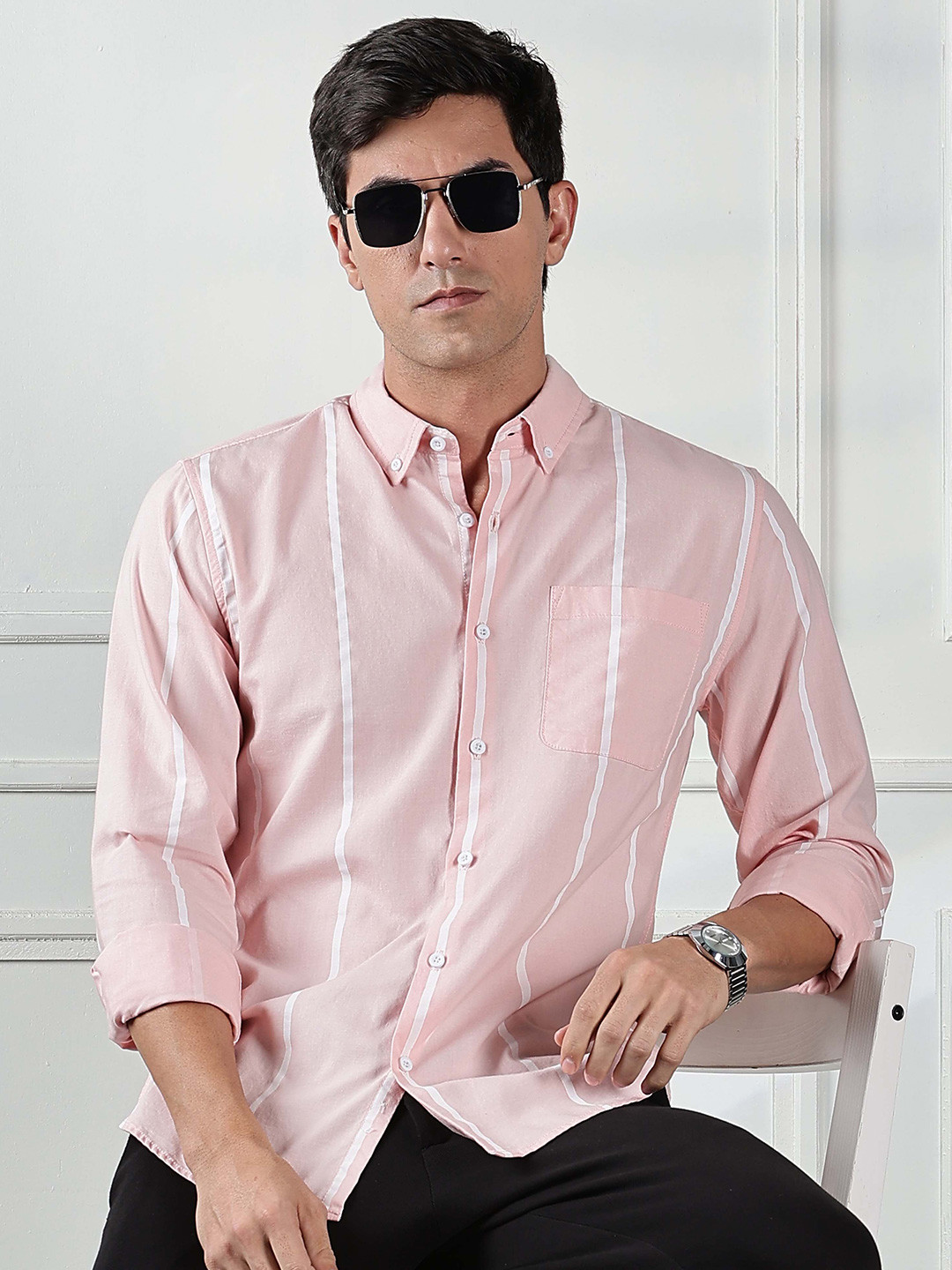 

HERE&NOW Men Button-Down Collar Vertical Striped Cotton Slim Fit Casual Shirt, Pink