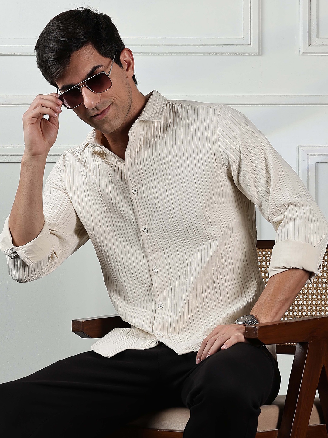 

HERE&NOW Men Spread Collar Textured Slim Fit Casual Shirt, Beige