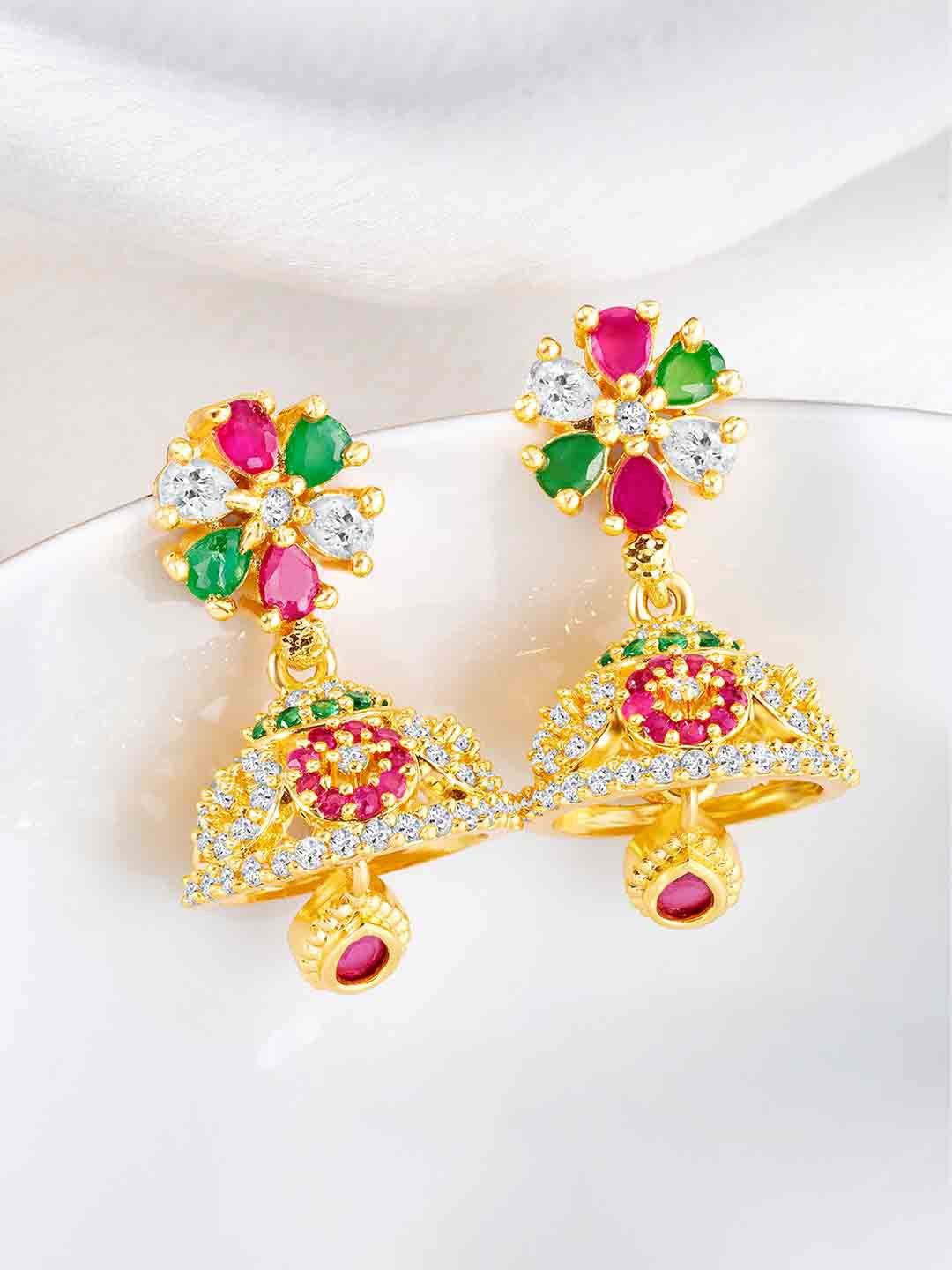 

Peora Gold-Plated Cubic Zirconia Studded Dome Shaped Jhumkas