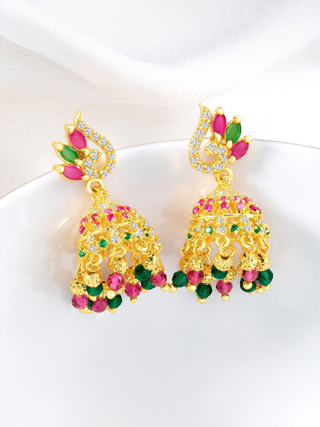 

Peora Gold-Plated Cubic Zirconia Studded Dome Shaped Jhumkas