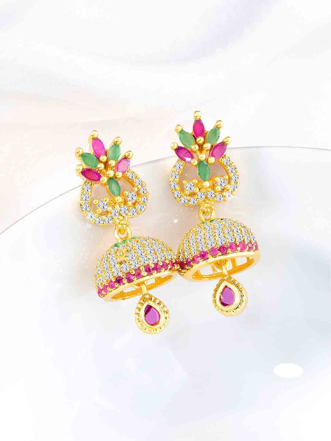 

Peora Gold-Plated Cubic Zirconia Studded Dome Shaped Jhumkas