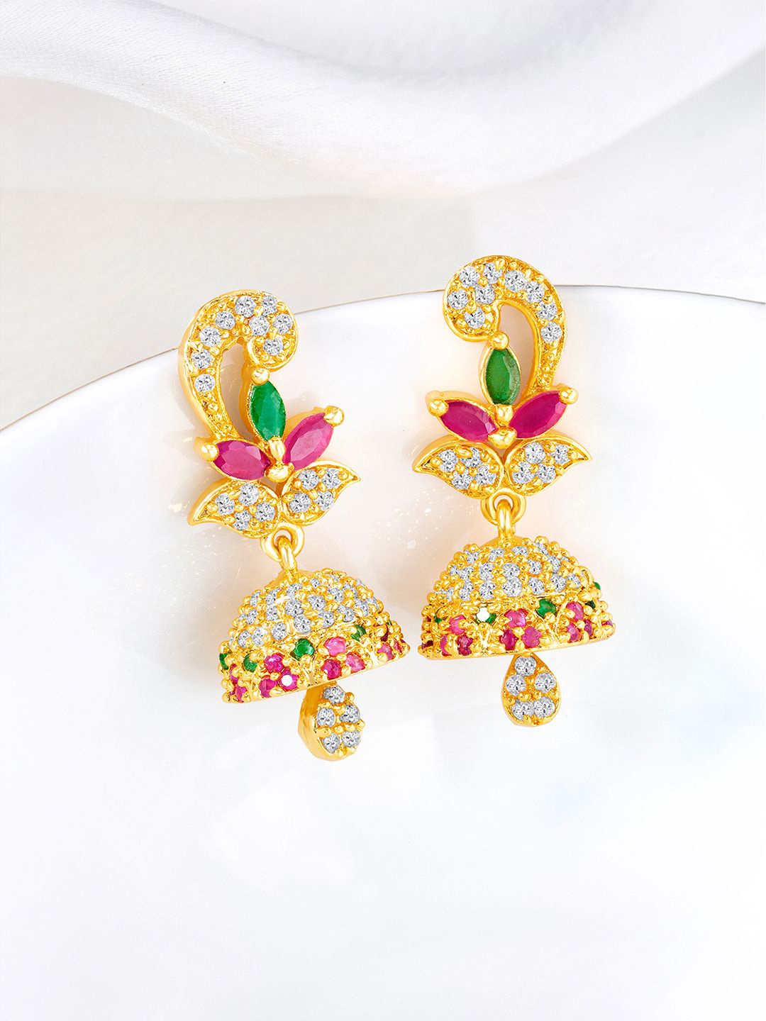 

Peora Gold-Plated Cubic Zirconia Studded Dome Shaped Jhumkas