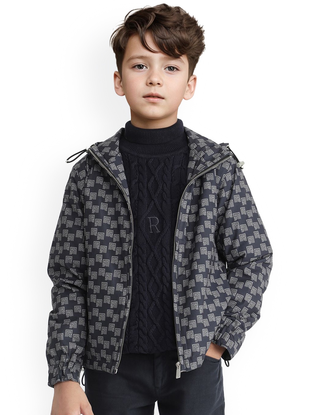 

RARE ONES Boys Hooded Conversational Printed Casual Tailored Jacket, Navy blue