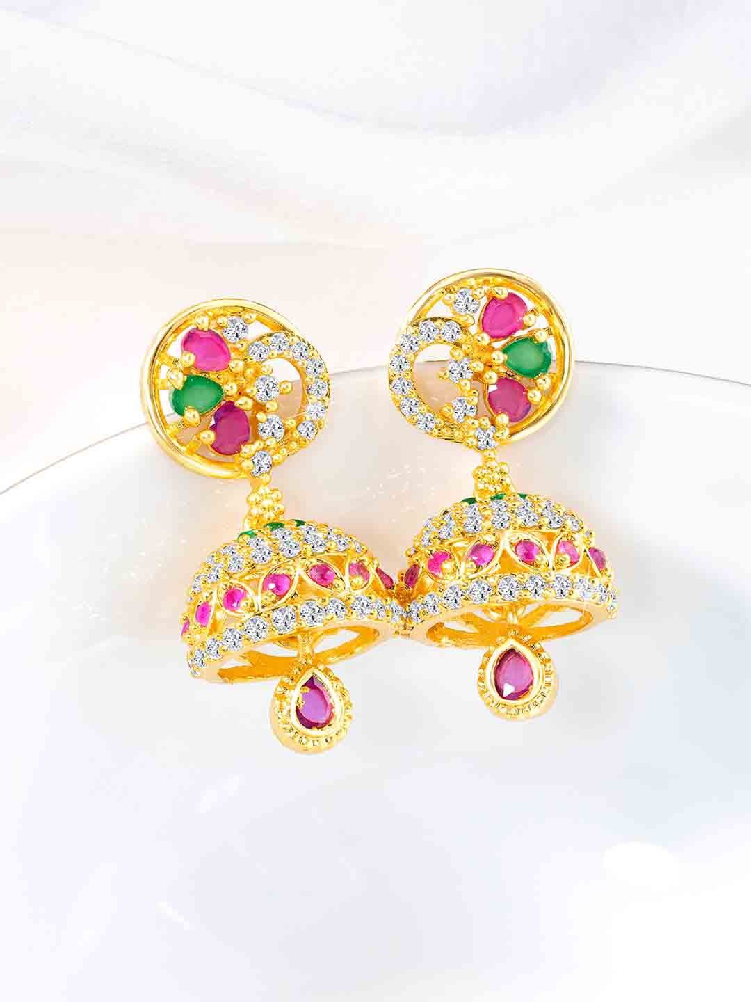 

Peora Gold-Plated Cubic Zirconia Contemporary Jhumkas, Pink