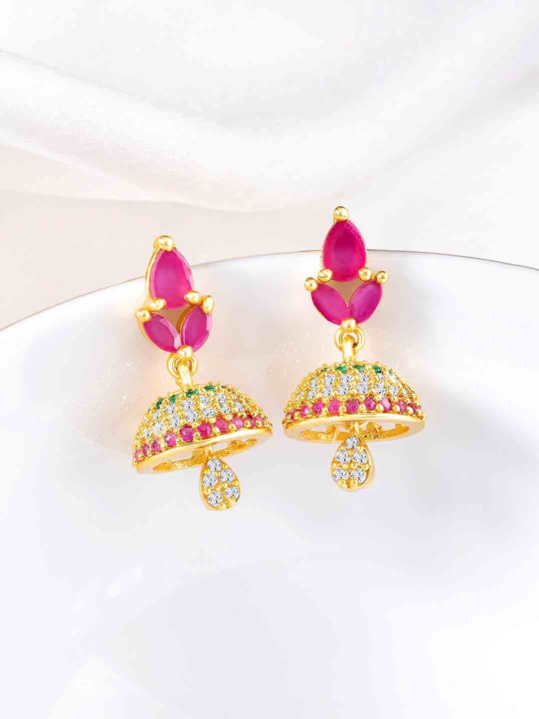 

Peora Gold-Plated Cubic Zirconia Contemporary Jhumkas, Pink
