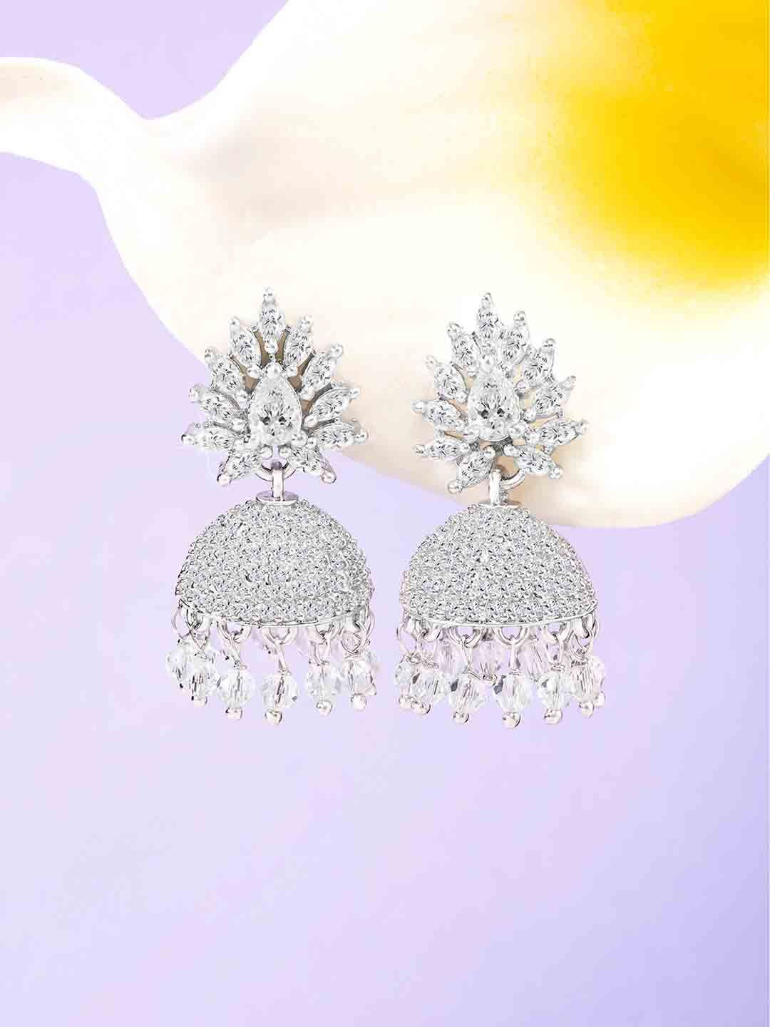 Peora Silver-Plated Cubic Zirconia Studded Floral Drop Earrings