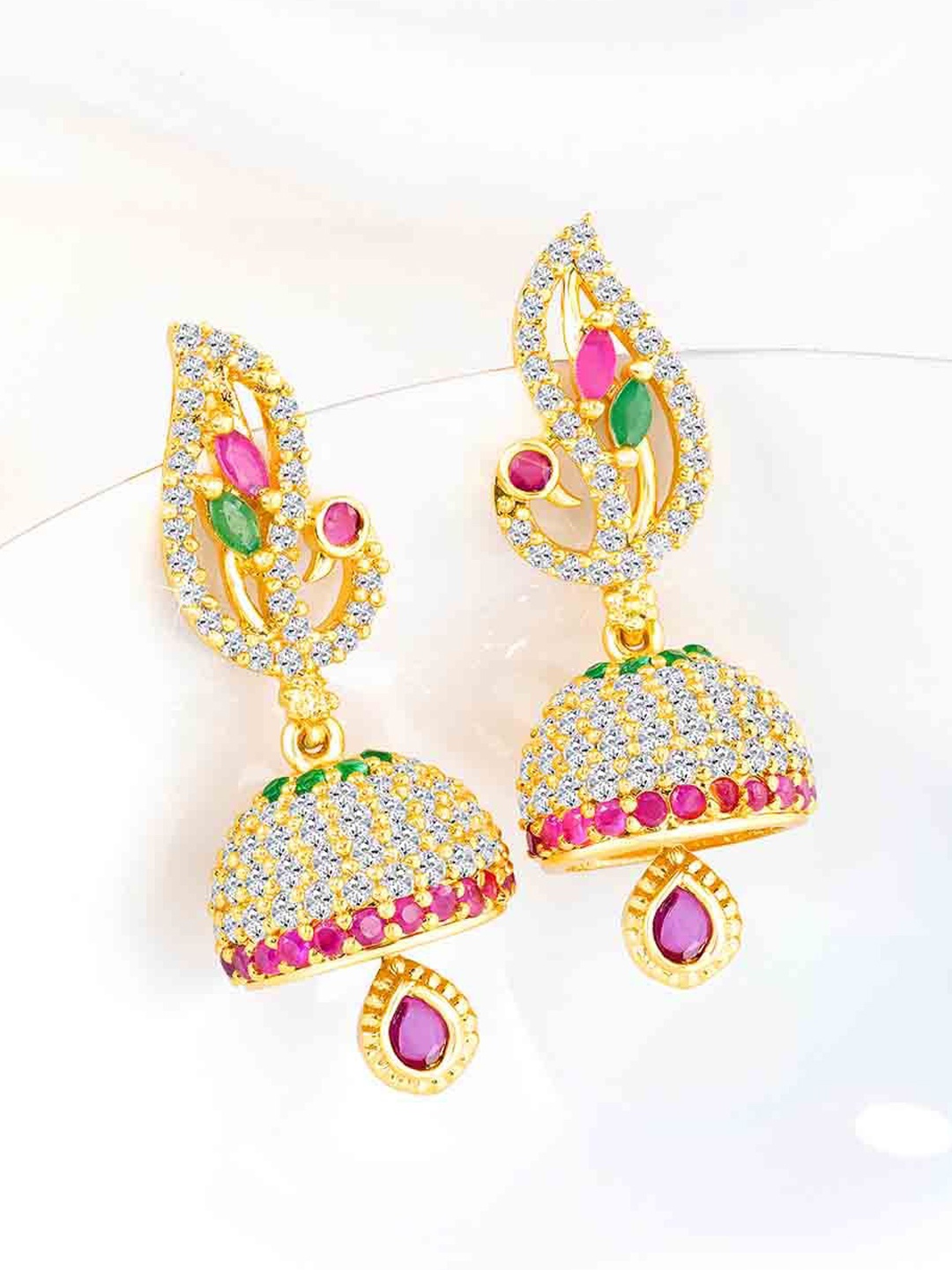 Peora Gold-Plated Cubic Zirconia Contemporary Jhumkas, Pink