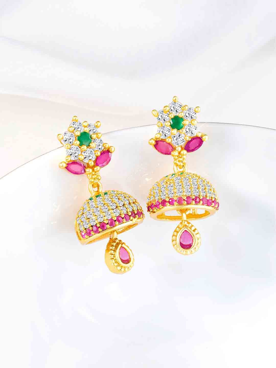 

Peora Gold-Plated Cubic Zirconia Studded Dome Shaped Jhumkas