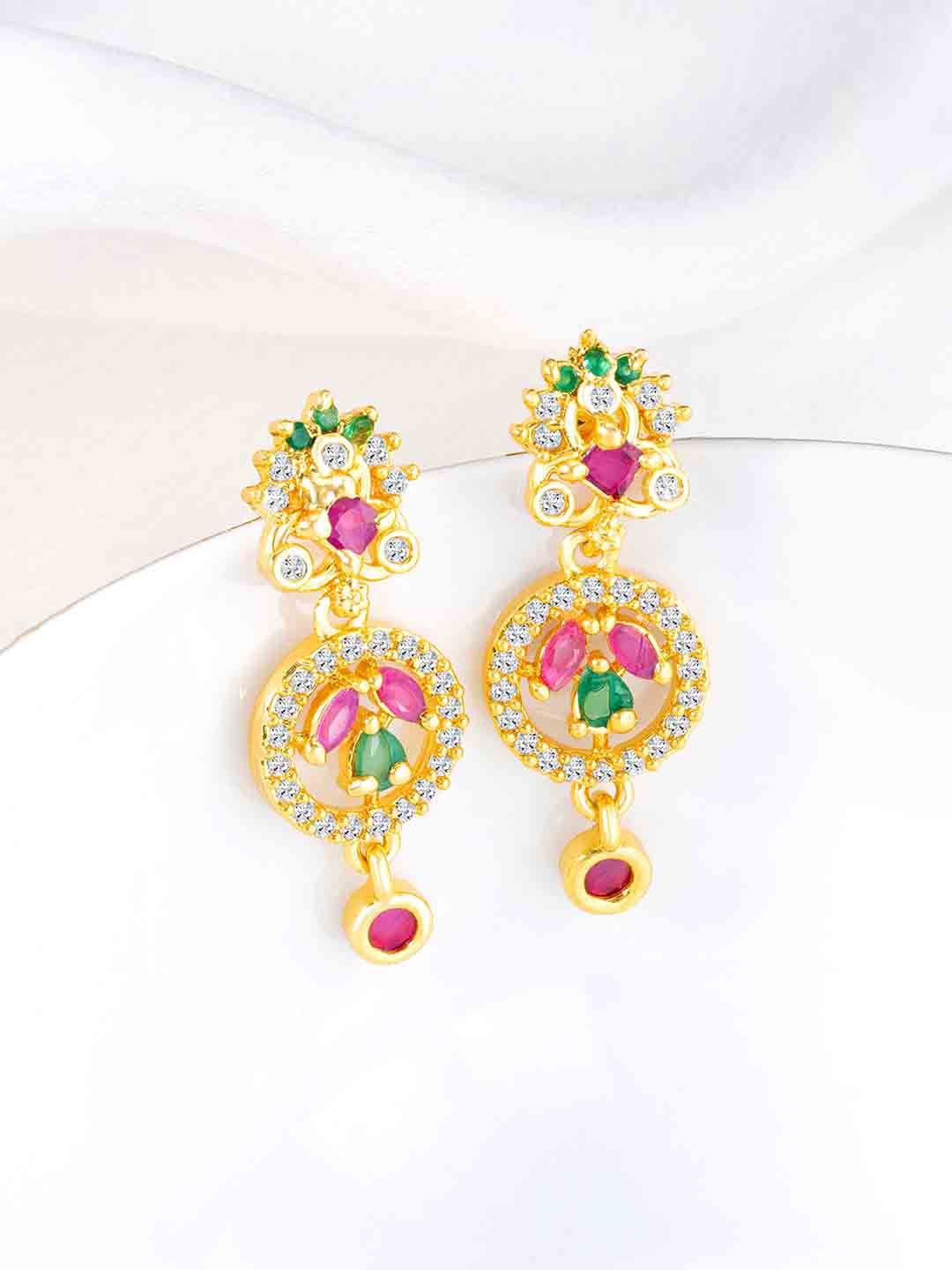 Peora Gold-Plated Cubic Zirconia Studded Floral Drop Earrings
