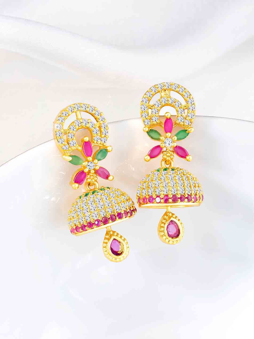 

Peora Gold-Plated Cubic Zirconia Studded Dome Shaped Jhumkas