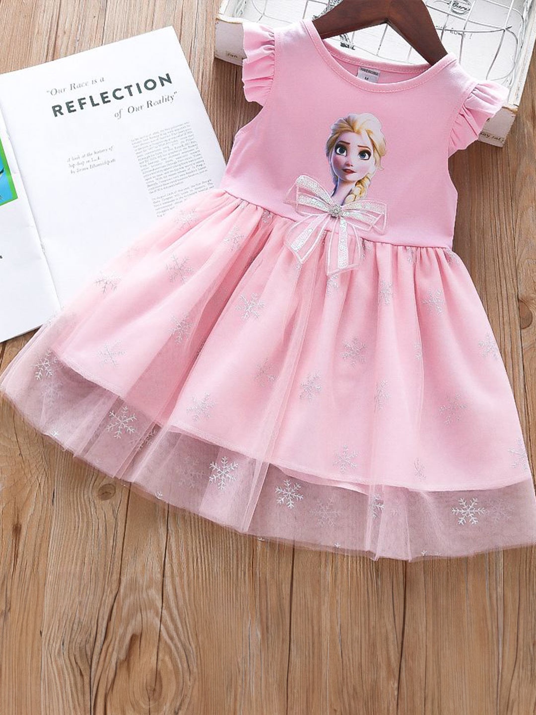 

YK Girls Summer Princess Printed Flutter Sleeves Cotton Bow Detail Dress, Pink